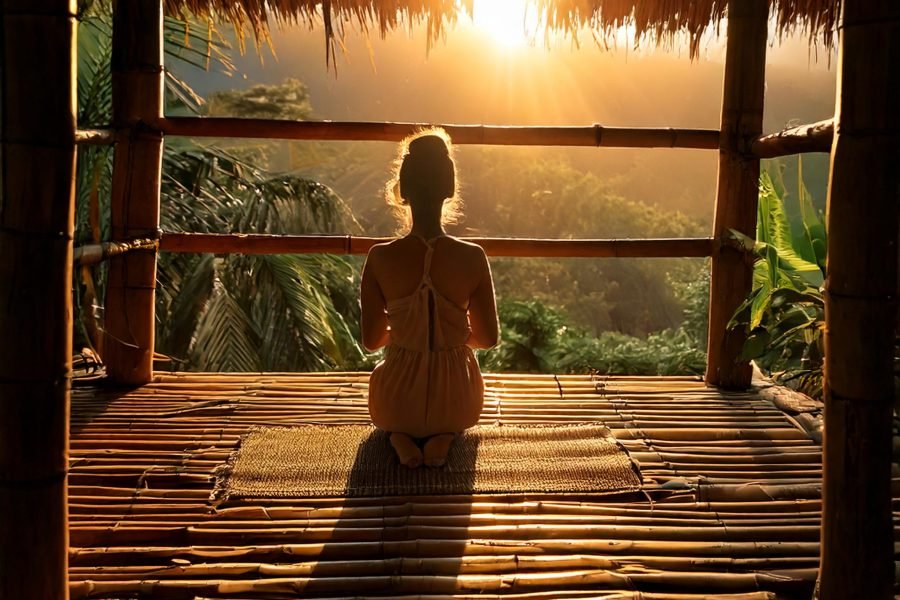 a woman sitting in a bamboo structure with the sun shining through