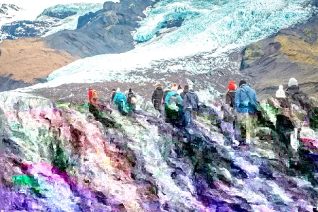 a group of people walking on a rocky path with snow and ice