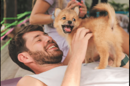 A happy man playing with small during a Puppy Yoga Wellbeing Experience in Canggu, Bali.