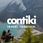 a man and woman sitting on a cliff overlooking a lake. Layering on top is a logo of Contiki an Exped Owl partner