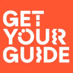a white text on an orange background of GetYourGuide logo, an Exped Owl partner